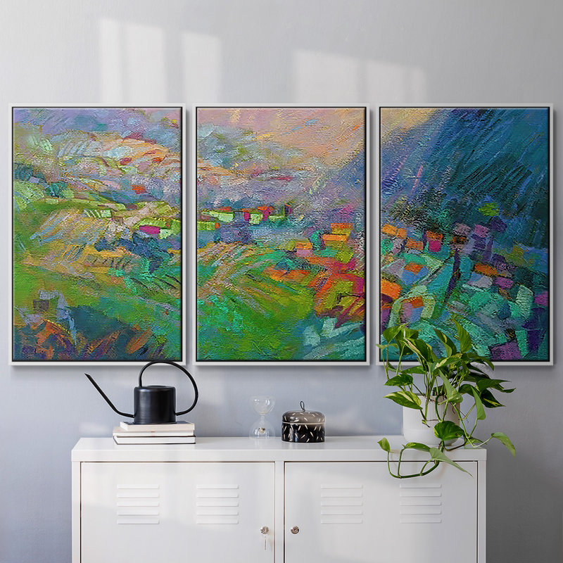 Peinture encadrée sur toile, 3 pièces, H 36 po x l 75 po, Cadre blanc