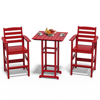 Ensemble de bar 3 pièces en PEHD - table de bistro de patio toutes saisons et 2 grandes chaises de bar, mobilier d'extérieur résistant à la décoloration pour balcon, terrasse, cour ou bord de piscine