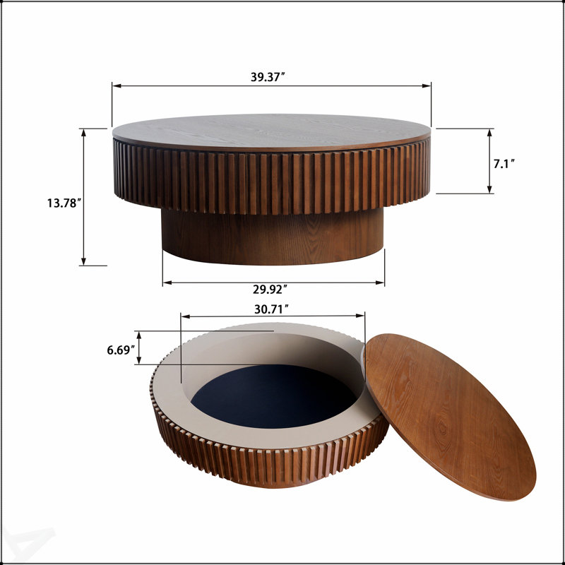 Table basse ronde de 39,37 pouces avec rangement, placage en bois massif, décor moderne pour le salon, la chambre à coucher, un appartement ou un bureau, finition noyer