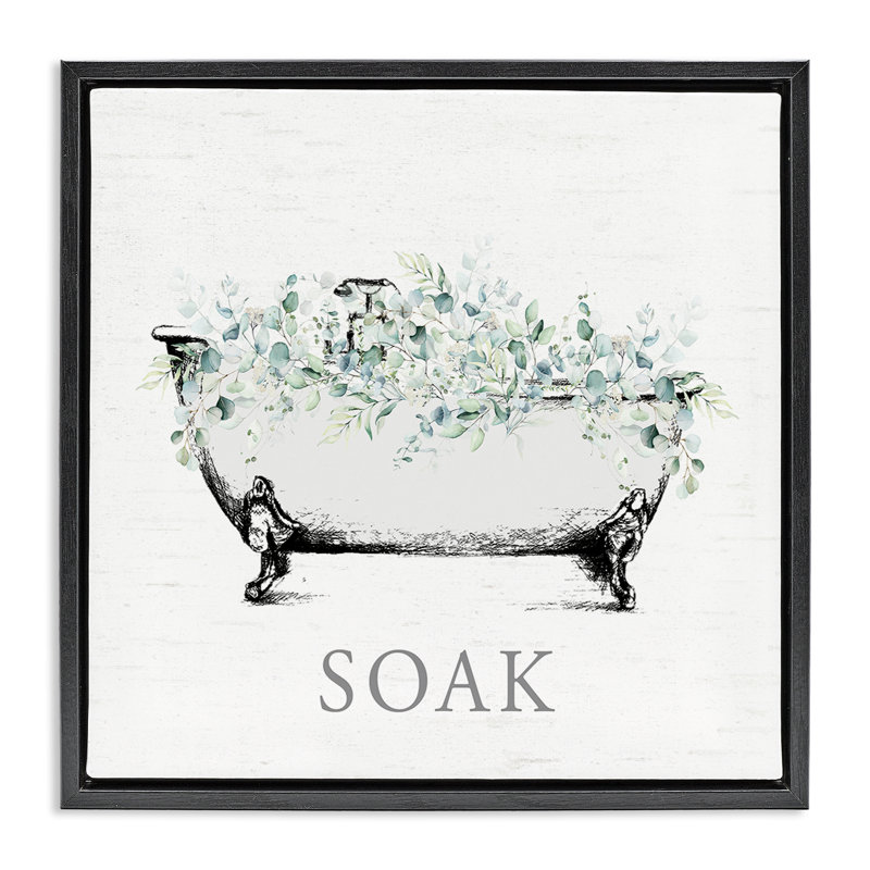 Toile pour salle de bain avec eucalyptus, art mural encadré flottant, H 25 po x l 25 po, Cadre flottant noir de jais