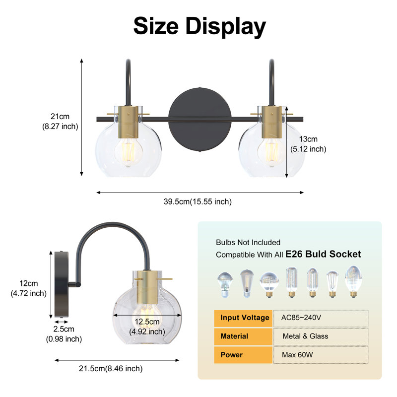 Luminaire de meuble-lavabo avec abat-jour transparent, Deux lumières, H 8,27 po x l 15,55 po x P 8,46 po