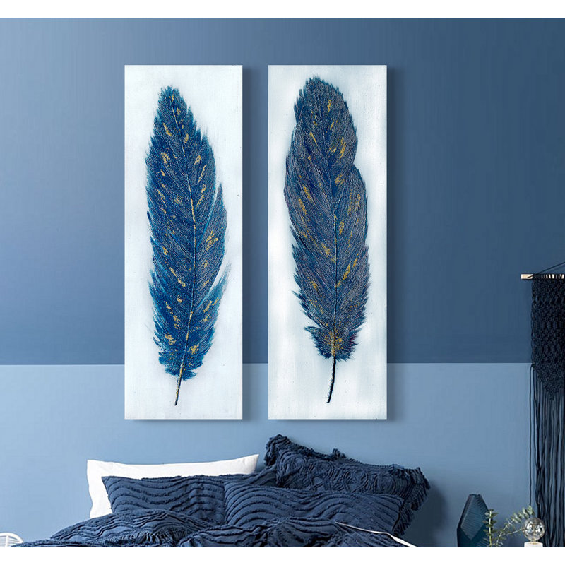 Blue Feathers - 2 Piece Wrapped Canvas Painting