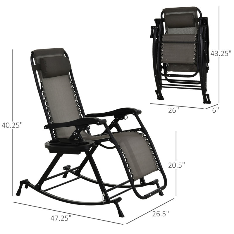 Fauteuil à bascule pliable extérieur - Fauteuil inclinable à gravité avec oreiller, porte-gobelet et porte-téléphone, structure et fente en acier robuste gris