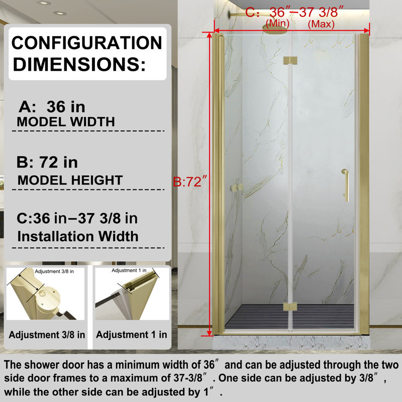 Brushed Gold Frameless Bi-Fold Shower Door with Clear Tempered Glass