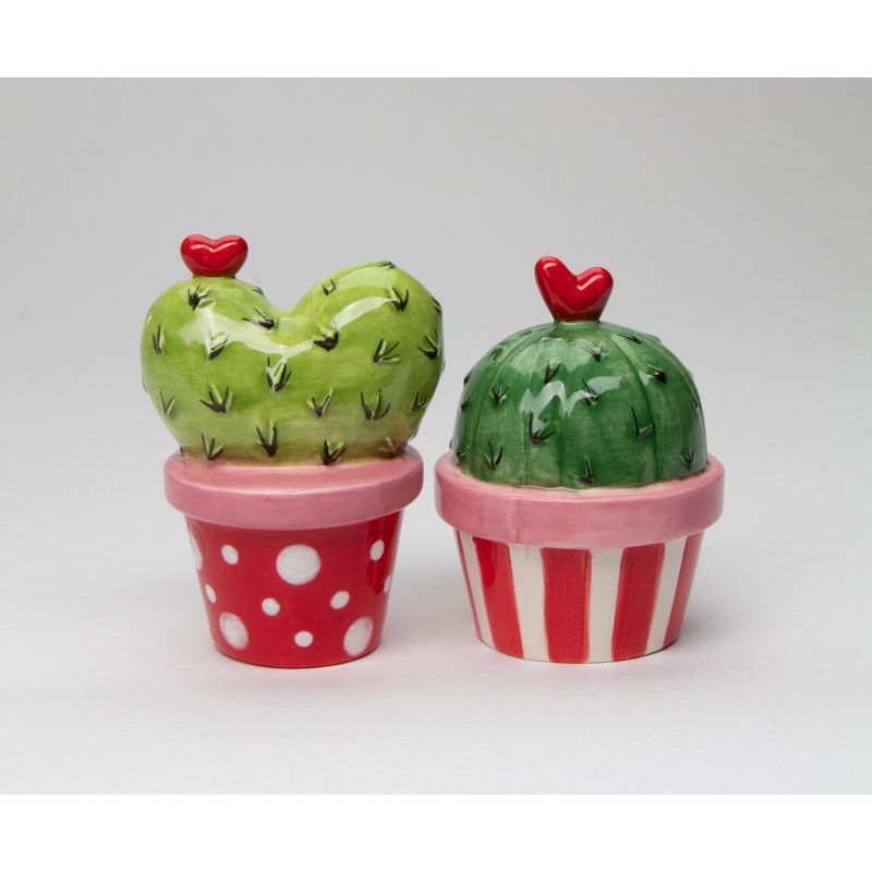 Valentine Heart Shaped And Barrel Cactus In A Pot Salt And Pepper Shaker Set