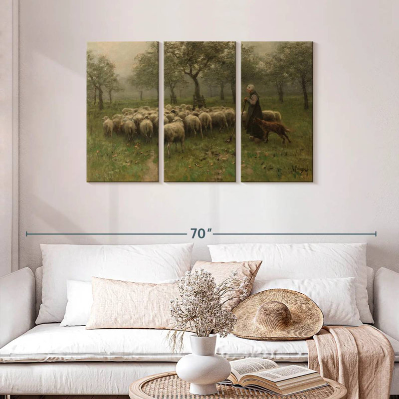 Bergère avec un troupeau de moutons, H 24 po x l 38 po