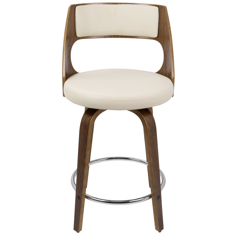 Betuel Swivel Upholstered Counter Stool, Cream Faux Leather/Walnut Frame, Bar Stool (29.5" Seat Height)