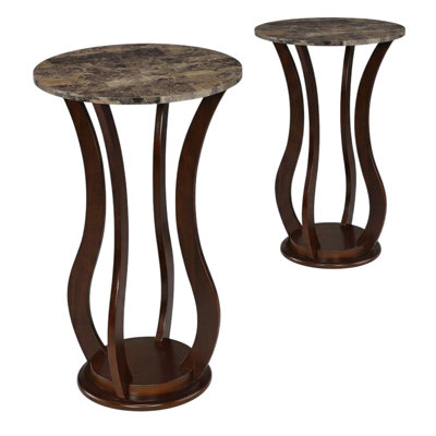 Ensemble de 2 tables d'appoint rondes avec dessus en faux marbre et piètement en bois composite, brun