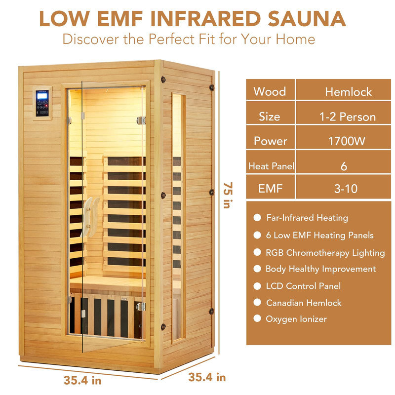 1 to 2 Person Infrared Sauna – 6 Heating Plates, Low EMF, Dual Controls, Home Spa Therapy