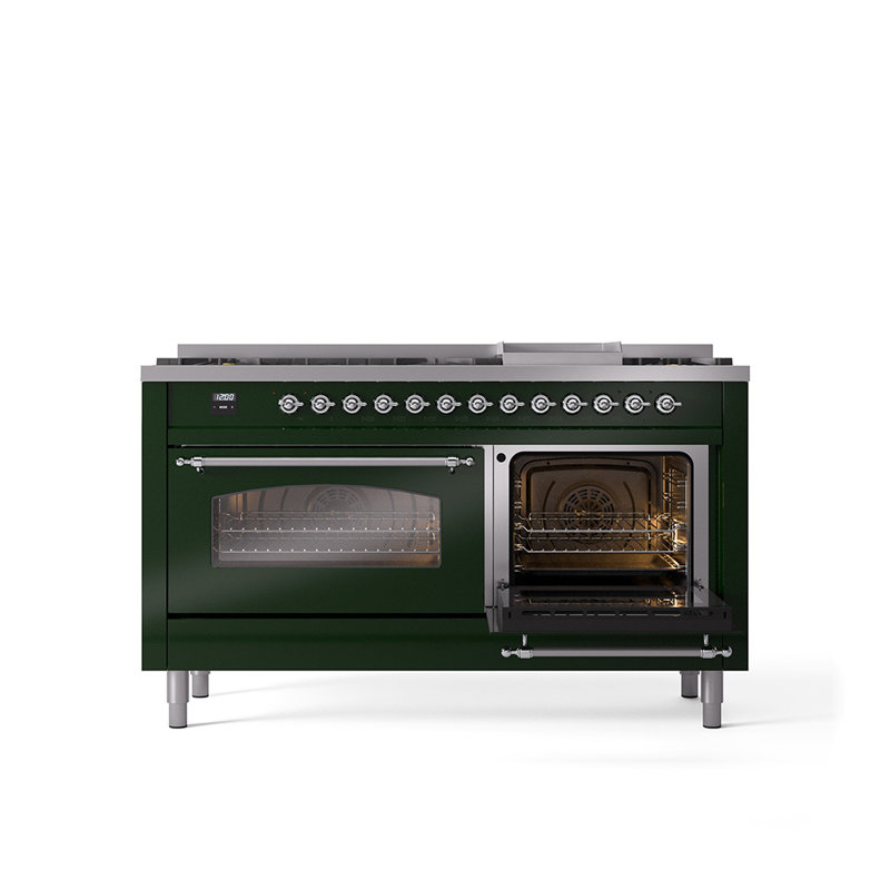 ILVE Nostalgie II 60 Dual Fuel Range, 9 Burners, Griddle, Liquid Propane, Emerald Green/Chrome