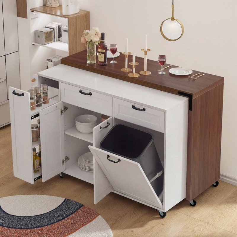 102.3" Extendable Kitchen Island with Dining Table | Rolling Kitchen Cart with Trash Cabinet & 3-Tier Pull-Out Spice Rack | Mobile Island on Wheels with 7 Wheels, 3 Drawers & Adjustable Shelves
