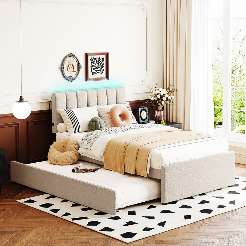 Lit plateforme tapissier simple avec lit gigogne Teddy