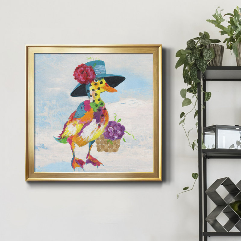 Groovy Duck and Sky - peinture sur toile encadrée, H 34,5 po x l 34,5 po x P 1,5 po, Encadrement doré