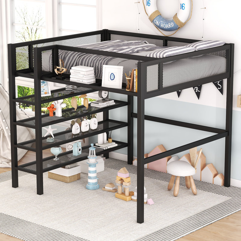 Lit mezzanine double noir avec rangement à 4 niveaux
