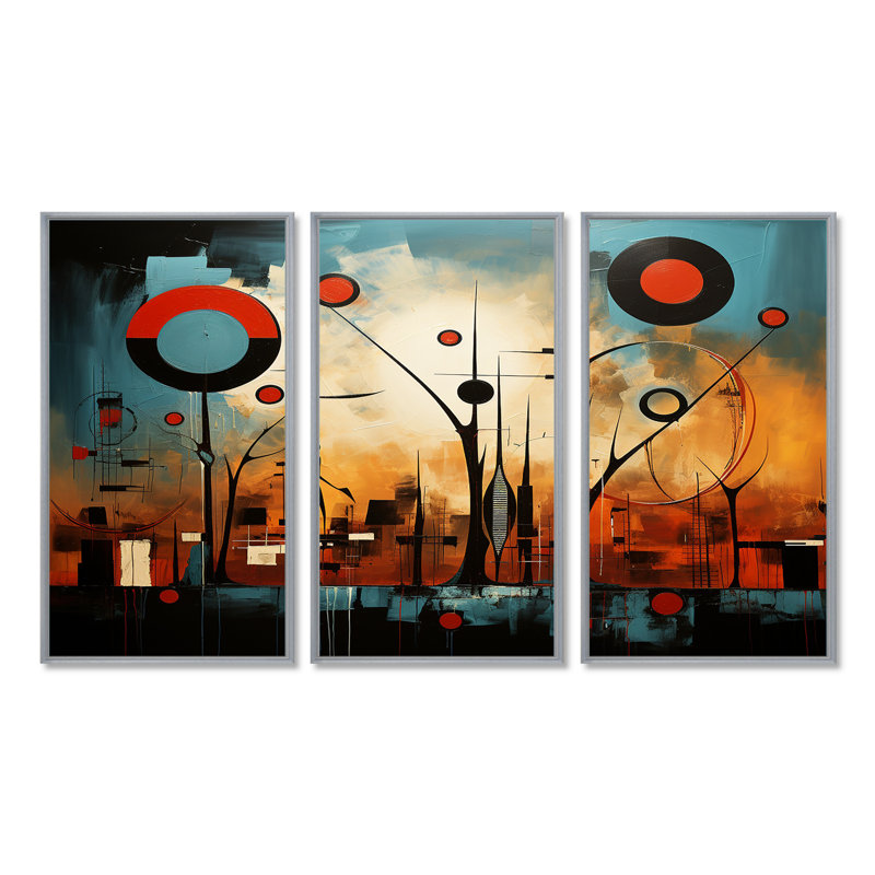 Vision urbaine urbaine, bleu, rouge, orange, ensemble d'art mural africain, H 28 po x l 36 po x P 1 po, Encadrement argenté