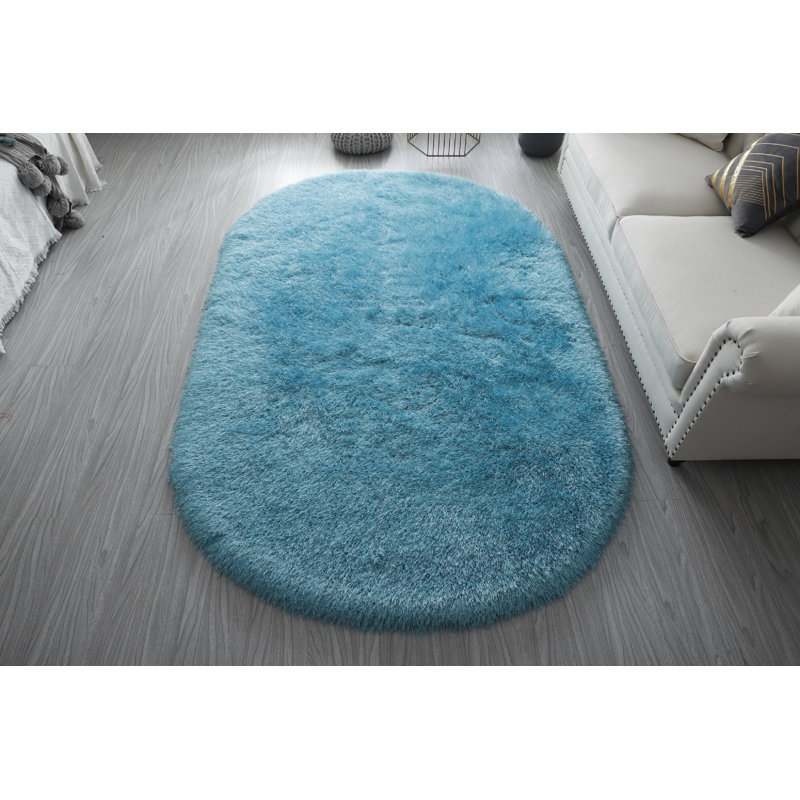 Tapis bleu sarcelle à poils longs Tyrese, Ovale 5 pi x7 pi