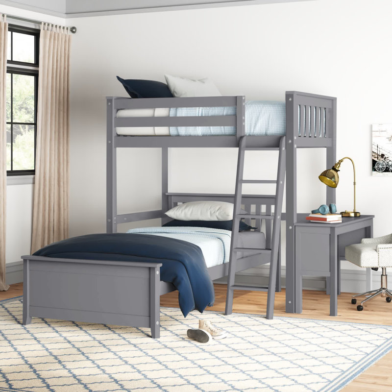  Lits superposés en L en bois massif Amaia avec bureau intégré, Simple sur simple, Argile