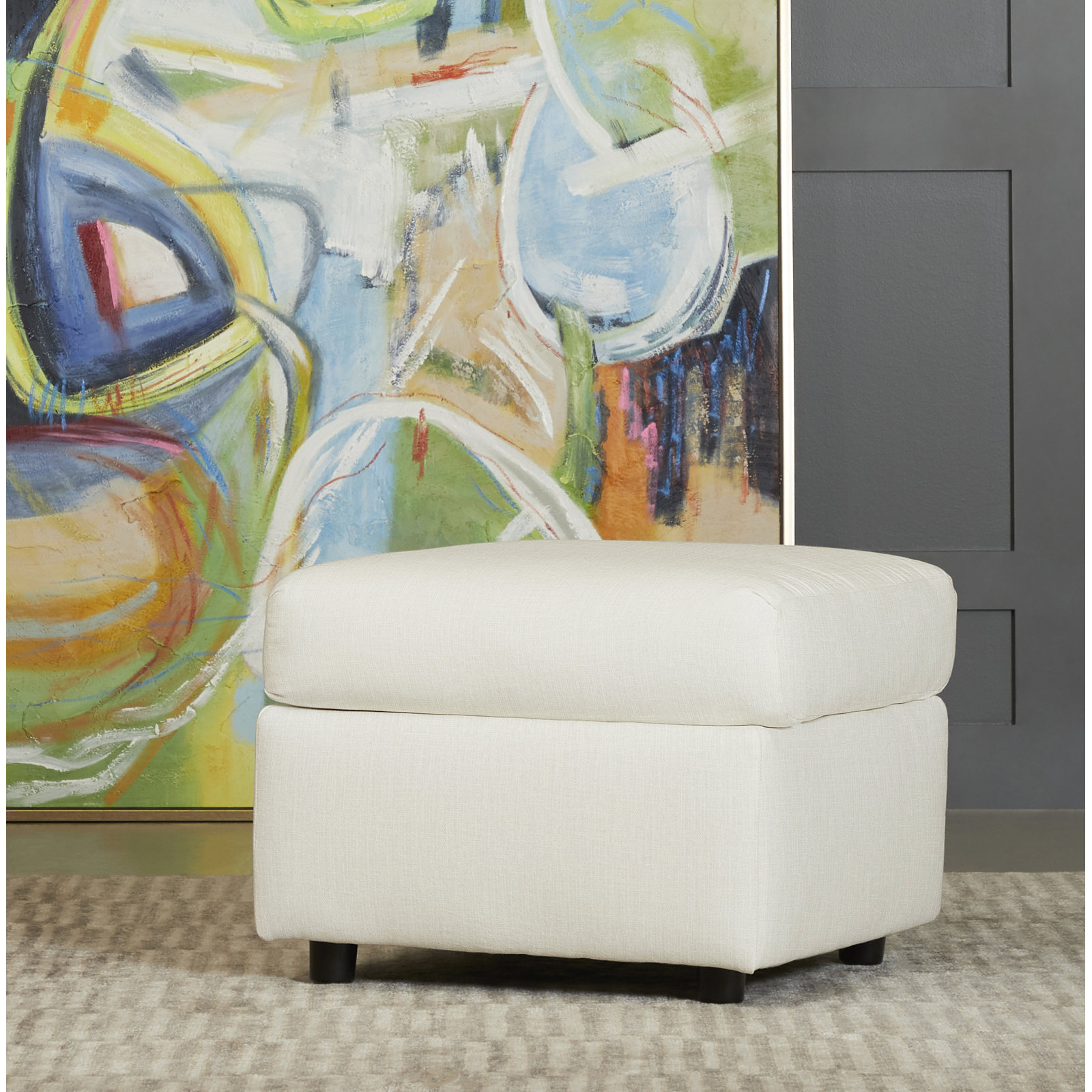 Godwin Upholstered Ottoman, Conversation Linen Basketweave