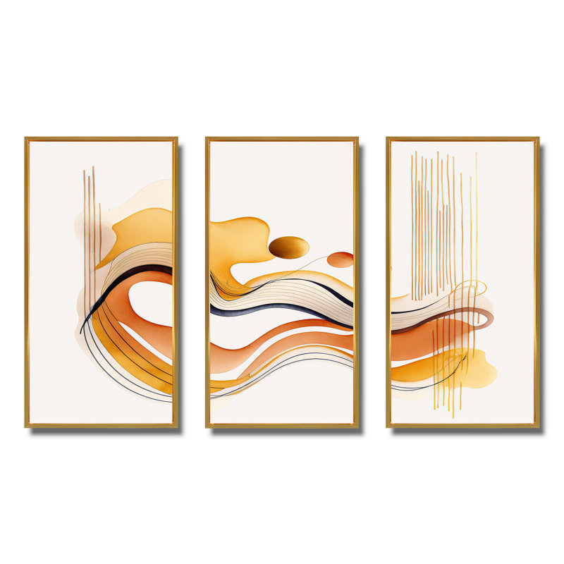 Dhatri " Burnt Orange Waves Abstract III " 3 - Pieces, 28" H x 36" W x 1" D, Gold Framed