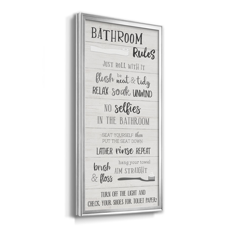 "Bathroom Rules" - Art textuel sur toile, Argent, H 14,5 po x l 26,5 po x P 1,5 po