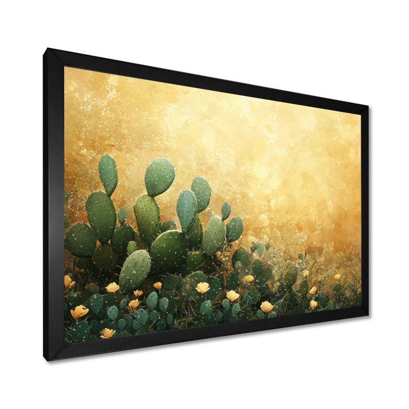 Kohei cactus dans la lumière dorée II - cactus grand, art mural, H 12 po x l 20 po, Avec cadre, Noir