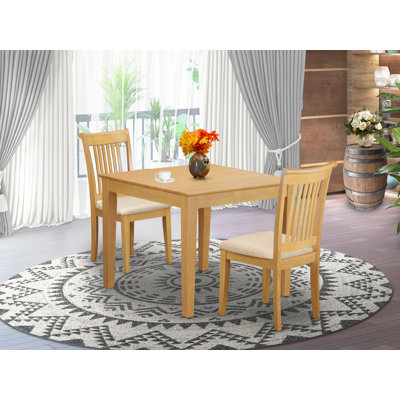 3 Piece Dining Room Furniture Set Contains a Square Kitchen Table and 2 Linen Fabric Upholstered Dining Chairs, 36x36 Inch, Oak