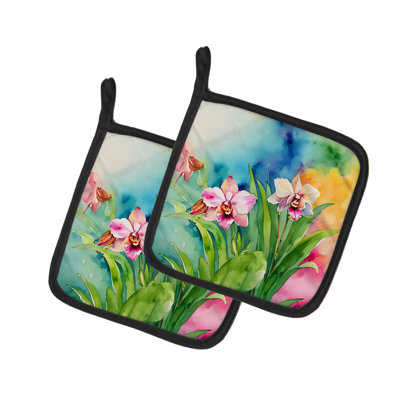 Orchidées dans une aquarelle, paire de poignées