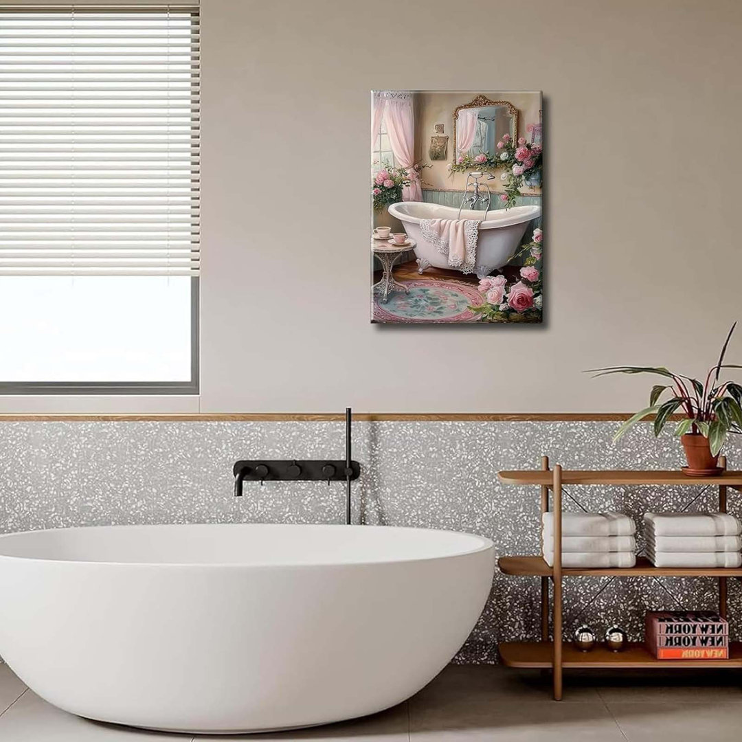 Pink Flowers Theme Bathroom Canvas Wall Art Vintage Bathtub Painting Pictures Wall Decor Floral Botanical Luxury Bathroom Prints Artwork For Toilet Re