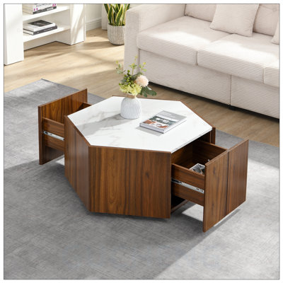Hexagonal Rustic Retro Wood Coffee Table with 2 Hidden Drawers, Textured Marble Tops, and Light Brown Finish - Perfect for Living Room and Reception Areas