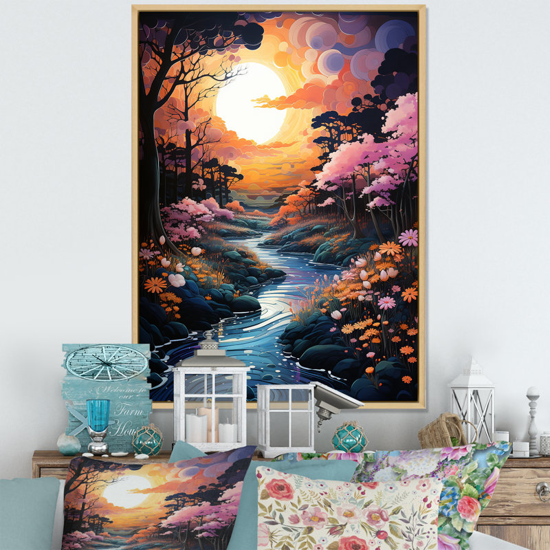 «Sunset Whimsical Riverbanks I», reproduction sur toile, Cadre naturel flottant, H 44 po x l 34 po x P 1,5 po