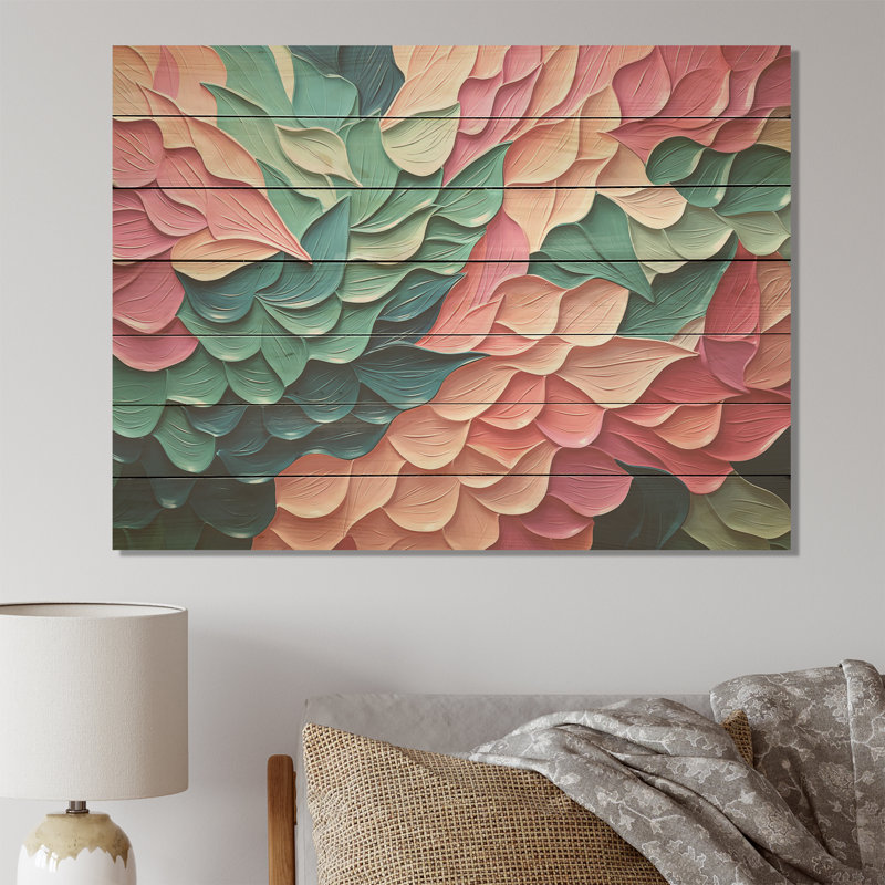 Fleurs roses et vertes en mouvement - chauve-souris sur bois, H 34 po x l 44 po