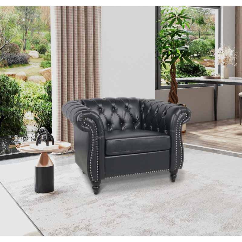 Fauteuil Chesterfield l 39 po Fairport, Similicuir noir