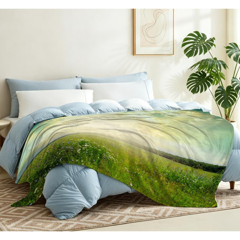 Jeté en flanelle verte molletonnée ultra douce, bleu ciel pré avec imprimé recto, Jeté 50 po x 60 po