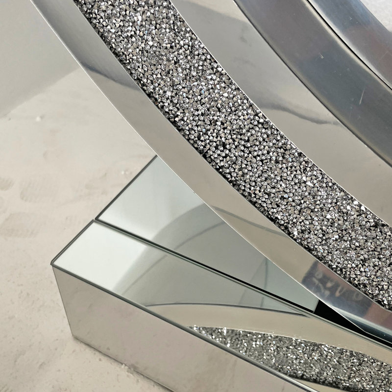 Table d'entrée en forme de 3C, effet diamant concassé, design moderne pour chambre, miroirs argentés haut de gamme, plateau brillant incrusté, base polie à la main effet 3D