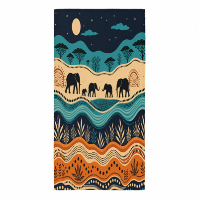 Serviette de plage 1pcs African Safari Elephant Family, avec une scène vibrante d'inspiration tribale avec des éléphants et des arbres de la savane, grande microfibre, parfaite pour la piscine, les voyages, les activités de plein air, unisexe.