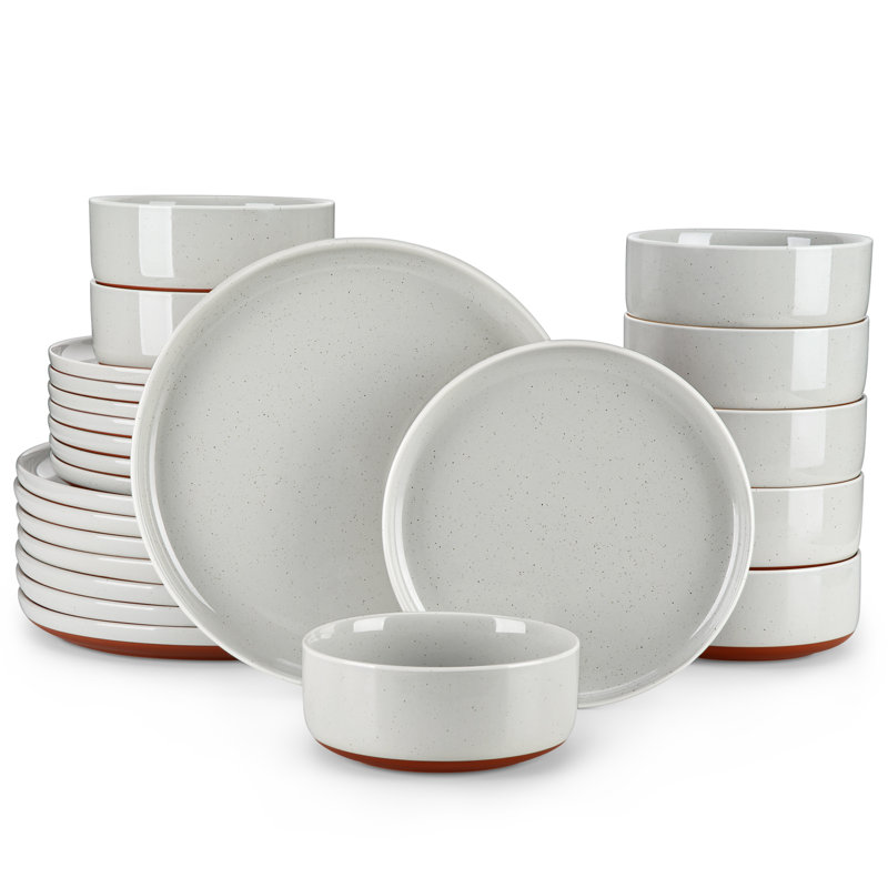 24 Pcs Ceramic Dinnerware Set, Plate And Bowls With Non Slip Base, Specks, Multicolor Set, Brown, Dinner Plates, Dessert Plates And Bowls For 8 Person, Vertical Edge