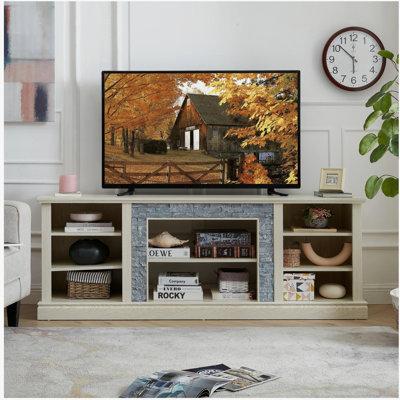 Grand support de rangement pour bureau de télévision avec bordure en faux pierre, console média avec grand meuble de rangement, meuble télé média moderne, l 70,12 po x P 15,35 po x H 25,83 po