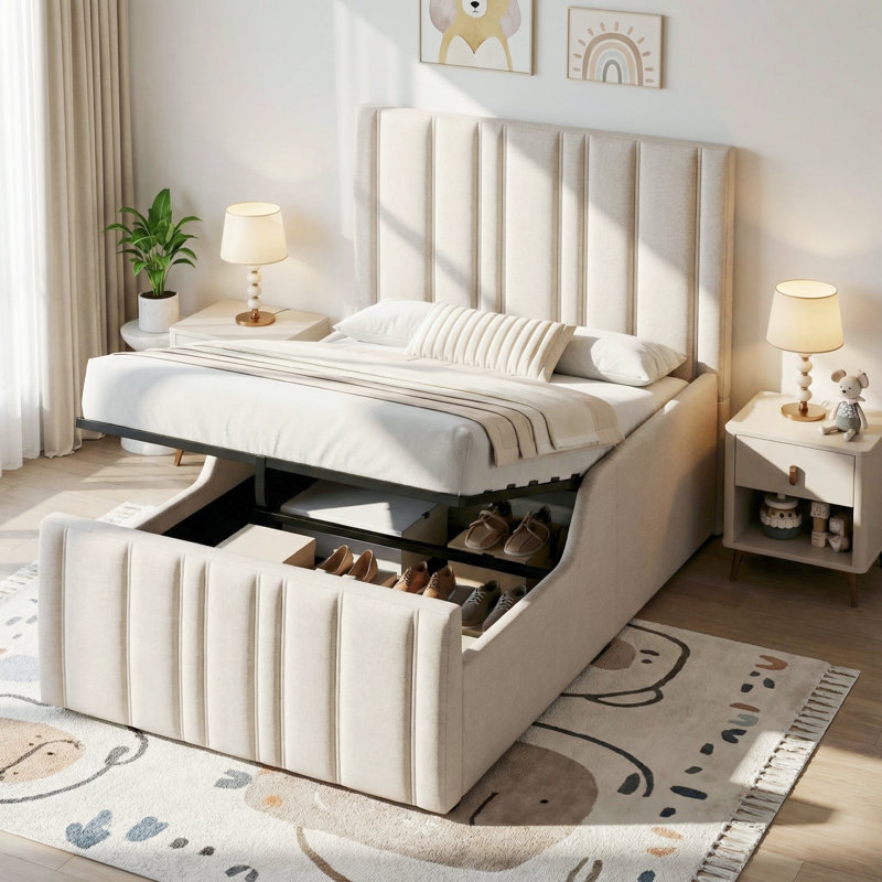 Upholstered Ottoman Storage Bed, Beige