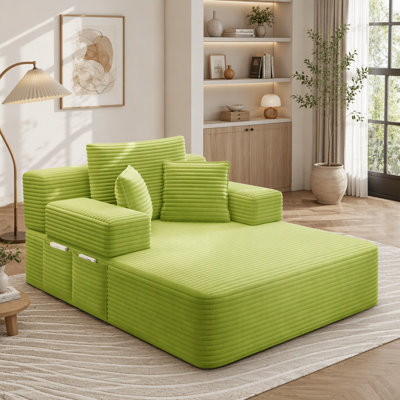 Oversized Plush Corduroy Chaise Lounge Sofa Bed, 2-in-1 Convertible Sleeper Couch with Side Storage Pockets and Pillows, Frameless Multi-Functional Sofa for Apartment, Guest Room, Dorm