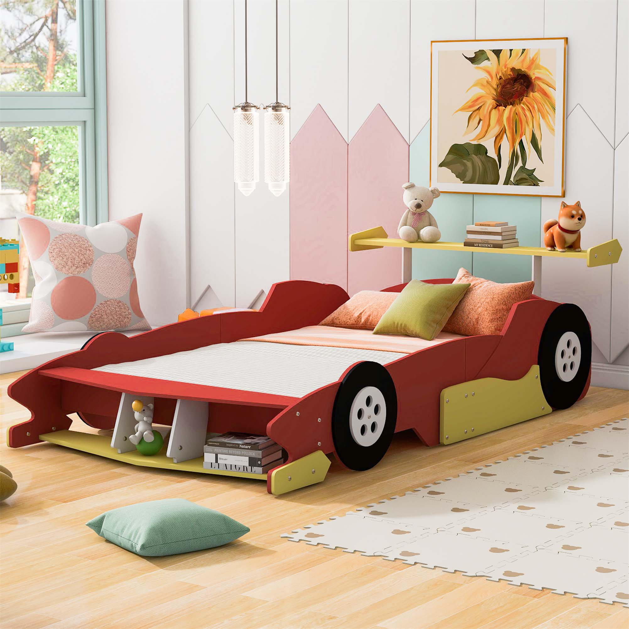 Zoomie Kids Race CarShaped Platform Bed With Wheels Wayfair