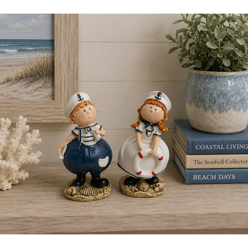 Ensemble de 2 figurines de garçon et fille à la plage, H 2,8 po x l 2 po x P 2,8 po, Bleu-blanc-brun