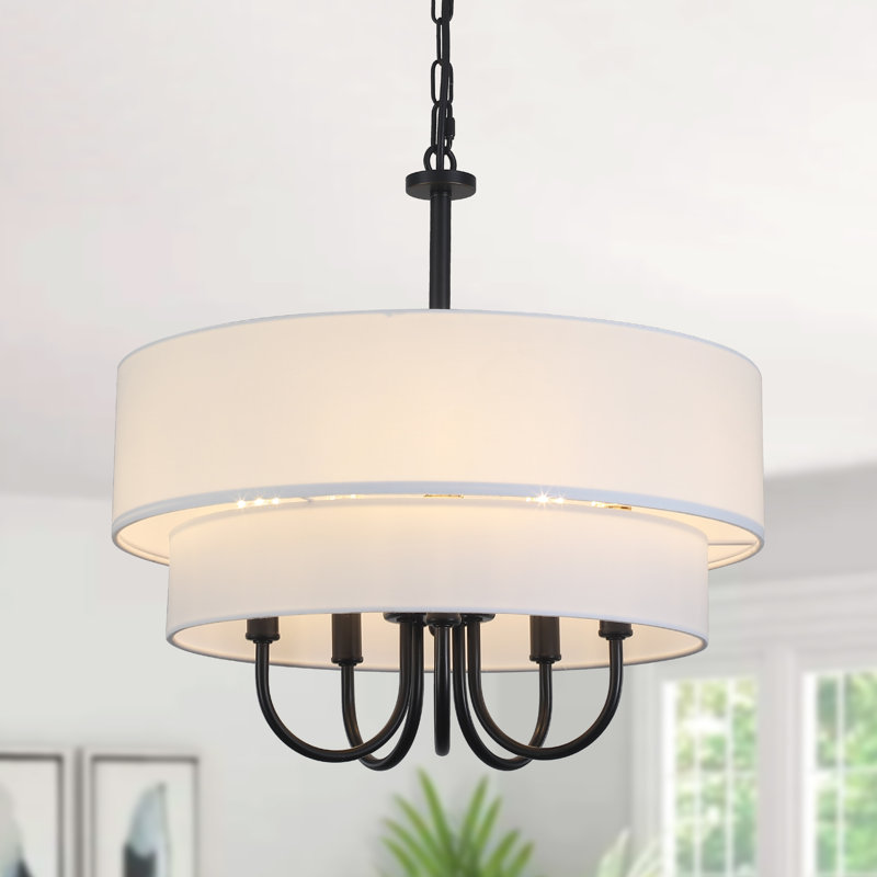 5 - Light 18" W Modern Fabric Tiered Drum Shape Dimmable Chandelier For Dining Room Bedroom Foyer, Matte Black