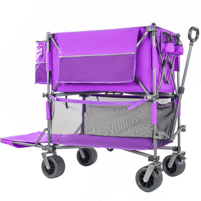 Chariot pliable robuste à deux étages de 140 cm (55 po) avec freins, chariot utilitaire à double couche de 650 L avec roues tout-terrain de 18 x 10 cm (7 x 4 po) (capacité de 254 kg [560 lb]), violet