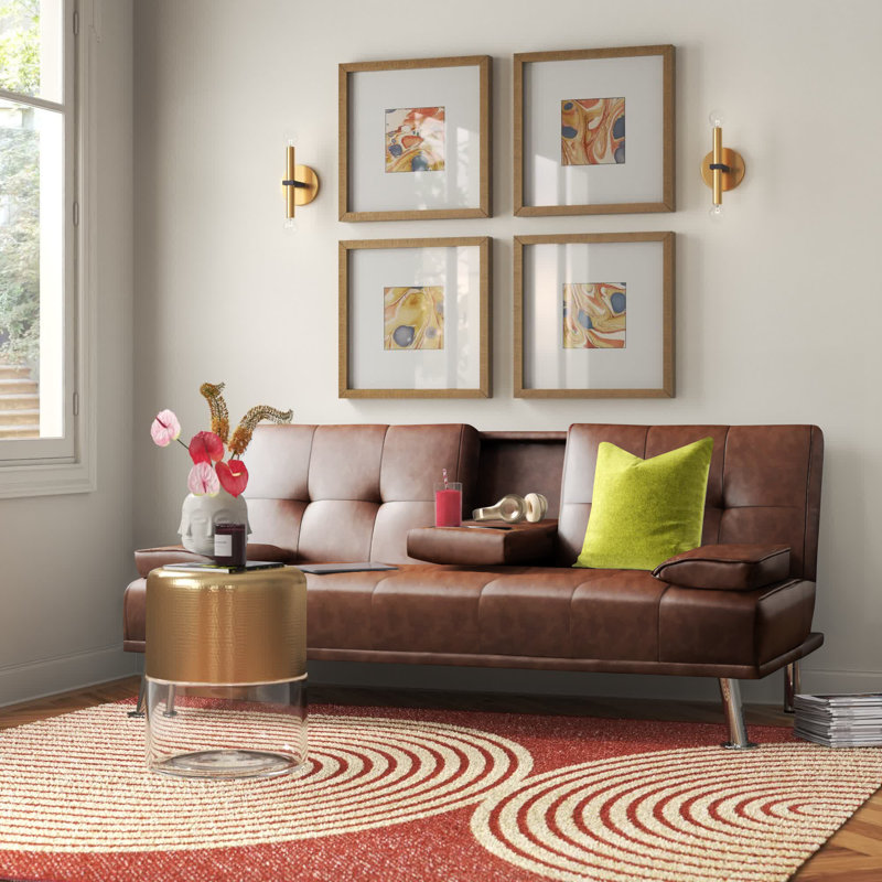 Maggie Twin 66'' Faux Leather Convertible Sofa, Brown Faux Leather