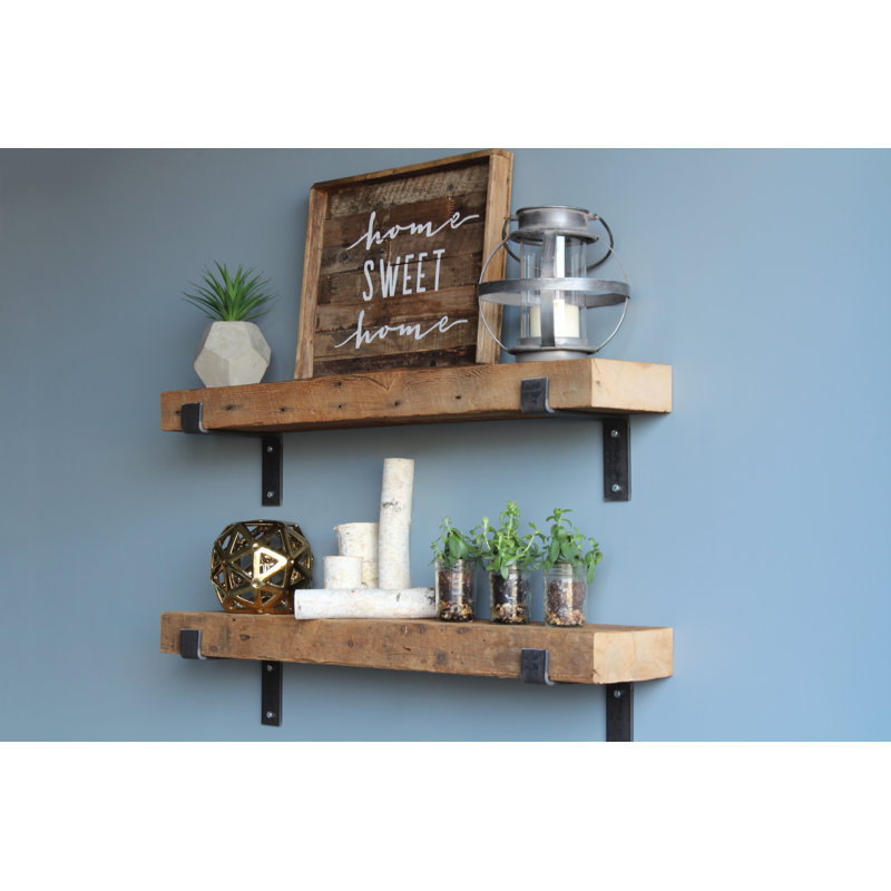 Chumbley 2 Piece Solid Wood Bracket Shelf, 40”wide x 7”deep x 3”thick (top/bottom shelf), Natural (no stain)