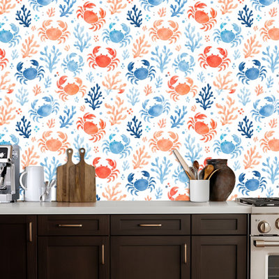 Peel and Stick Wallpaper sea blue crabs corals watercolor hand nautical style Contact Paper Removable Self Adhesive Wall Mural Wall Decor for Bedroom Kitchen Cabinets 24in x 118in
