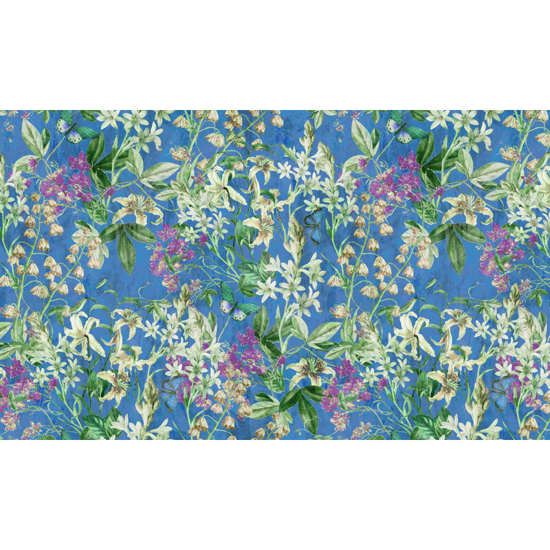Murale botanique pelez et collez Christopher - Bleu jardin printanier, L 120 po x l 210 po