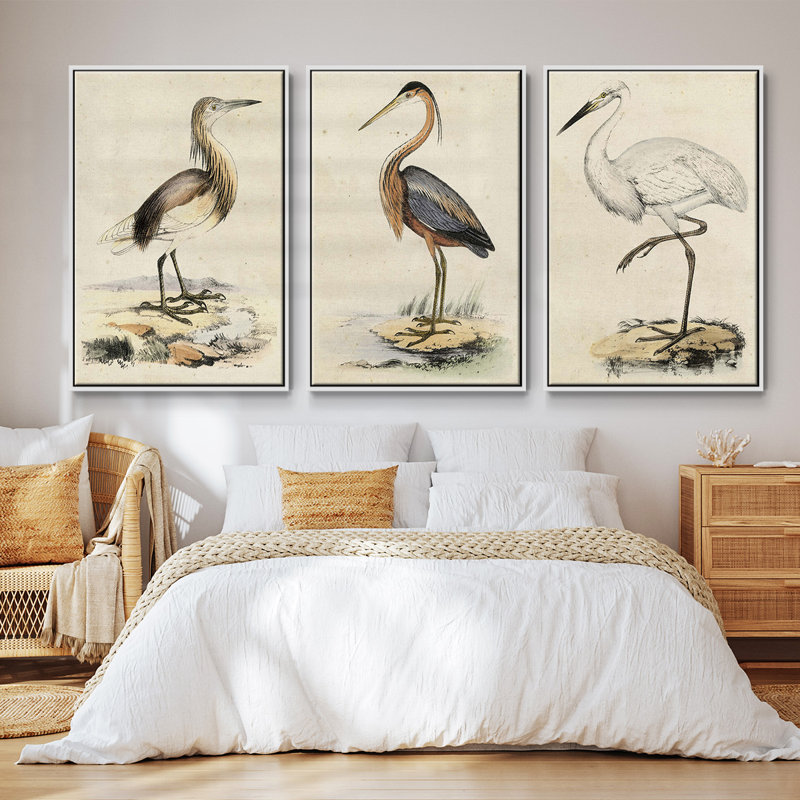 Antique Heron I, ensemble de 3 toiles encadrées sur toile, Blanc, H 40 po x l 78 po
