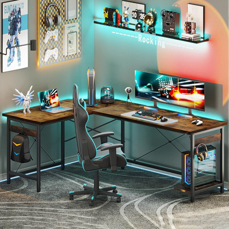 66" L Shaped Corner Computer Desk, Vintage/Black