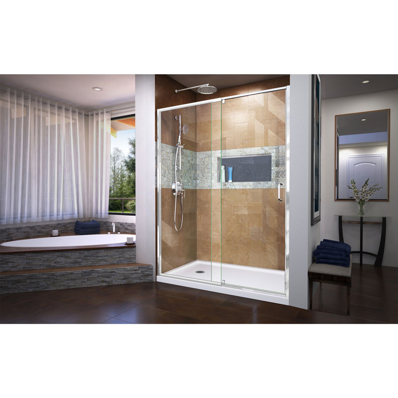 DreamLine Flex 30 inch D x 60 inch W x 74 3/4 inch H Semi-Frameless Pivot Shower Door in Chrome with Center Drain White Shower Base Kit